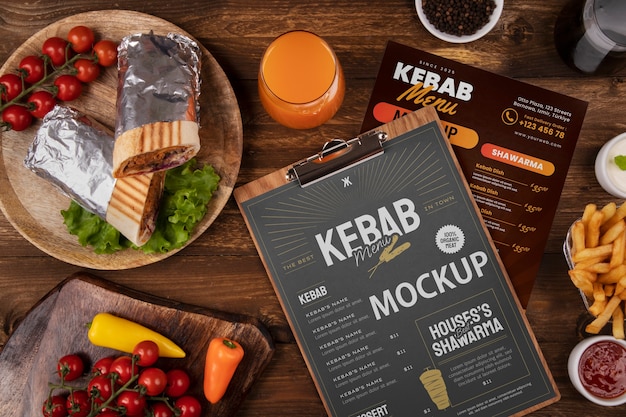 PSD delicioso arreglo de menú de kebab plano