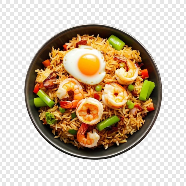 Delicioso arroz frito de camarón con huevos, verduras y especias