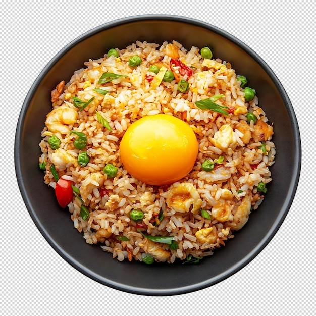 Delicioso arroz frito con camarón y yema de huevo en un cuenco negro