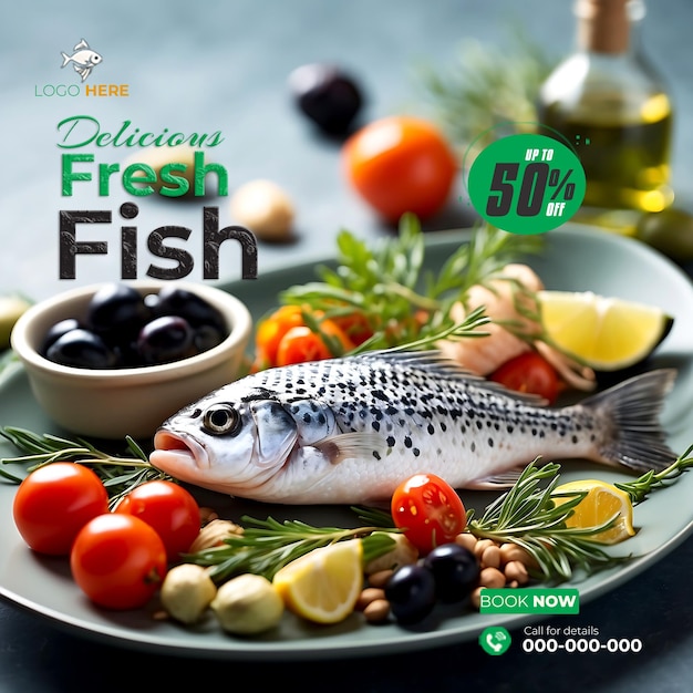 PSD un delicioso banner de pescado fresco para las redes sociales generado por la ia