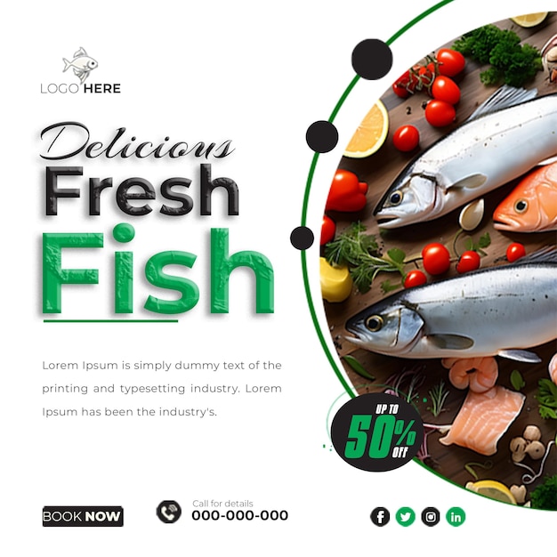 PSD un delicioso banner de pescado fresco para las redes sociales generado por la ia