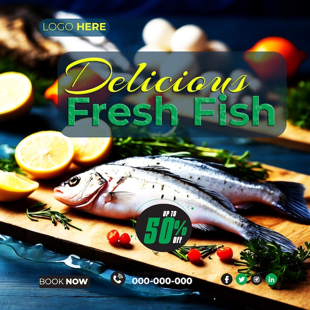 PSD un delicioso banner de pescado fresco para las redes sociales generado por la ia