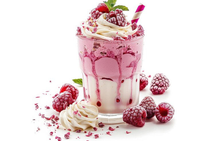 PSD delicioso batido de frambuesa con crema batida y bayas frescas sobre un fondo brillante
