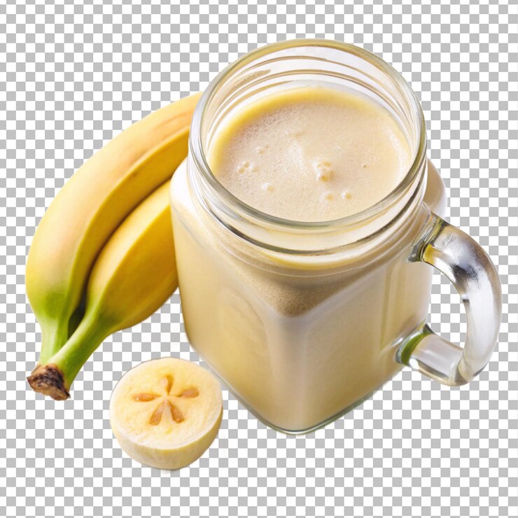 PSD delicioso batido de plátano en un frasco de vidrio con plátanos frescos