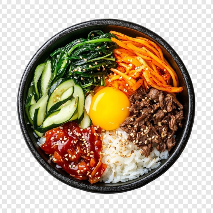 PSD delicioso bibimbap coreano cuenco de arroz carne de res verduras huevo