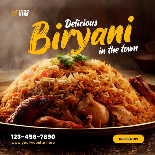 delicioso biryani com frango e arroz modelo de mídia social de comida asiática