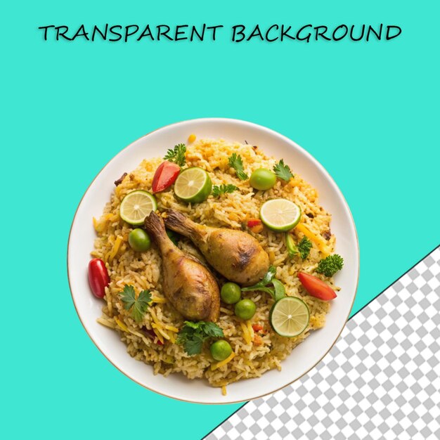 PSD delicioso biryani de pollo con rebanadas de verduras en un fondo transparente