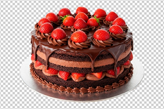 Delicioso bolo de camada de chocolate com morangos e rica cobertura de ganache