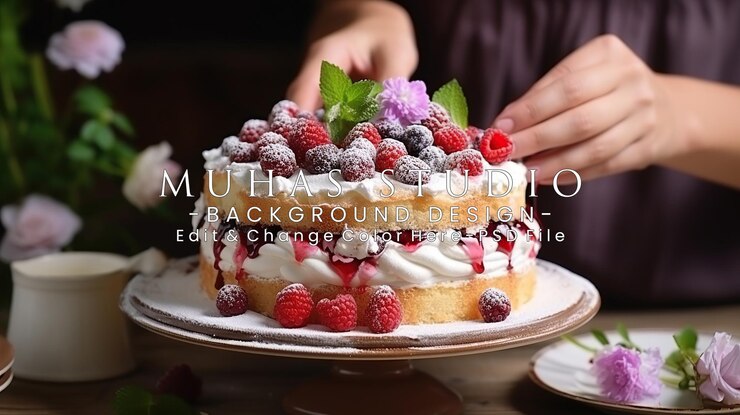 PSD delicioso bolo de framboesa decorado com creme de leite e bagas frescas