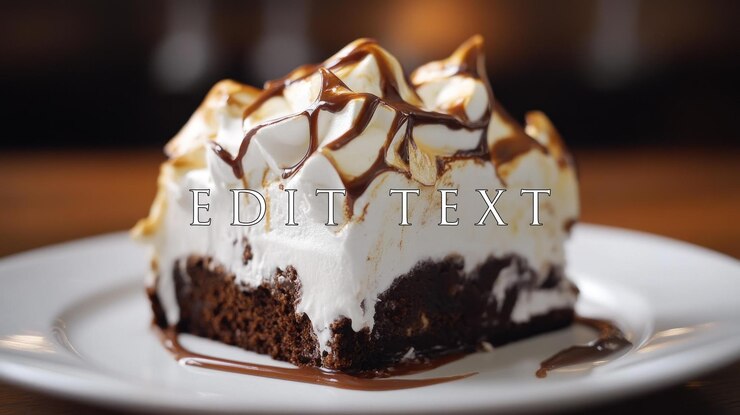 PSD delicioso brownie de chocolate coberto com meringue e molho de chocolate em um prato branco