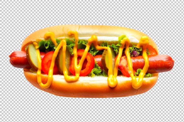 Delicioso cachorro-quente com picles de tomate de mostarda e alface em um pão