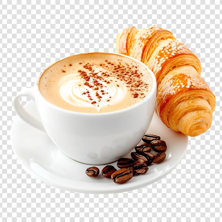 PSD delicioso café y croissant para el desayuno en un fondo transparente