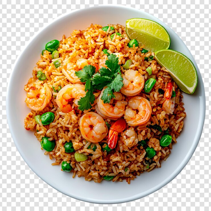 PSD delicioso camarão arroz frito cozinha asiática guarnição de limão