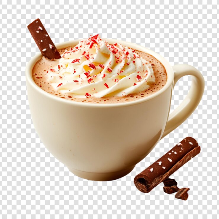 PSD delicioso chocolate caliente con crema batida sobre un fondo transparente
