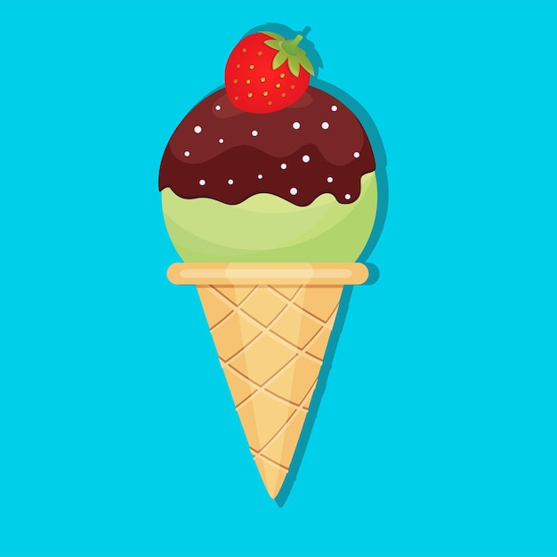 Delicioso cone de sorvete com morango e chocolate