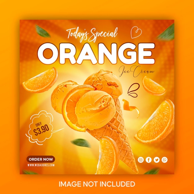 Delicioso cono de helado de naranja banner de redes sociales plantilla de diseño de publicación de instagram