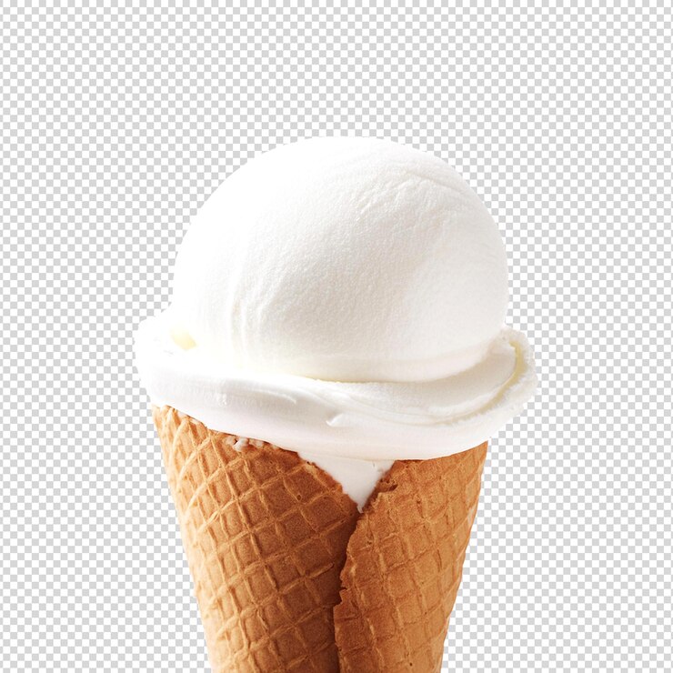 Un delicioso cono de helado de vainilla sobre un fondo transparente