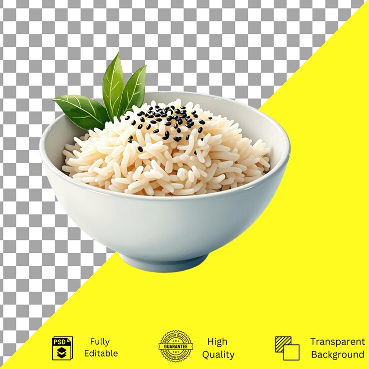 PSD delicioso cuenco de arroz con guarnición aislado sobre un fondo transparente