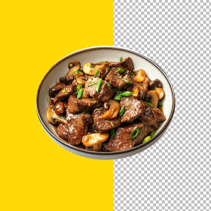 PSD delicioso cuenco de carne de res y setas con hierbas frescas transparentes sobre un fondo estocado