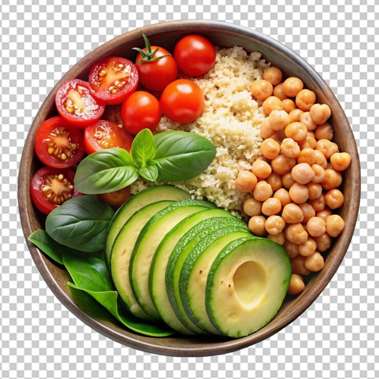 PSD un delicioso cuenco de espinacas, garbanzos, quinoa y aguacate sobre un fondo transparente