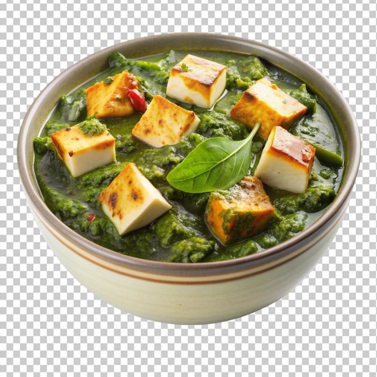 PSD un delicioso cuenco de paneer de palak indio en un fondo transparente