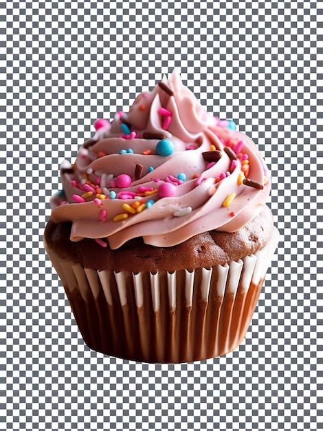 Delicioso cupcake con chispitas de colores y glaseado rosa aislado sobre fondo transparente