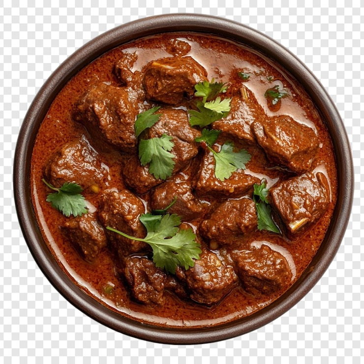 PSD delicioso curry de carne picante en un cuenco marrón