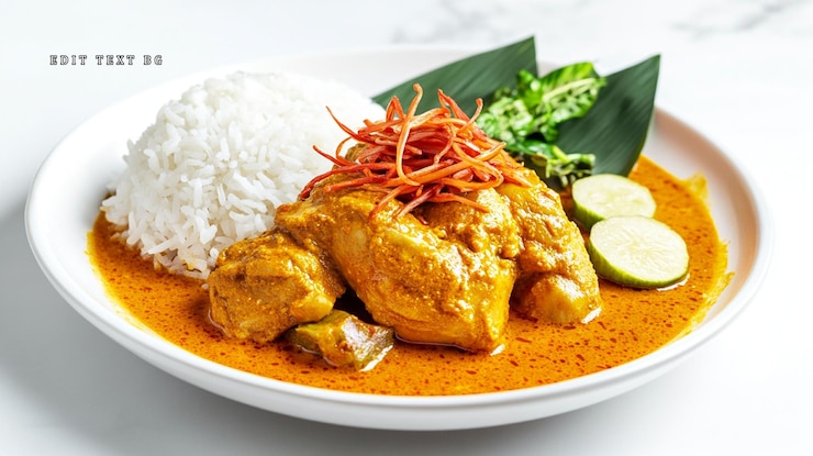 PSD delicioso curry de pollo servido con arroz y limón en un plato blanco