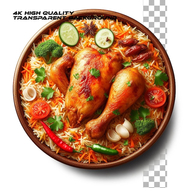 Delicioso y delicioso sano pollo entero biryani en un fondo transparente