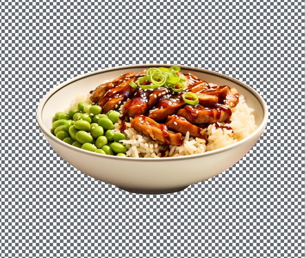 PSD delicioso y delicioso tazón teriyaki de arroz con pollo aislado sobre fondo transparente