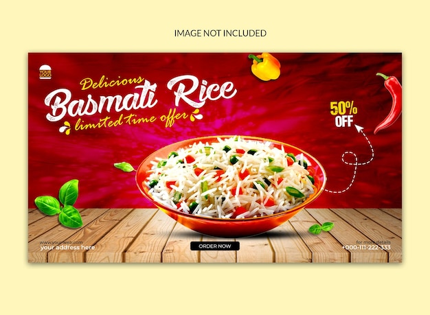 Delicioso diseño de banner web de arroz basmati.