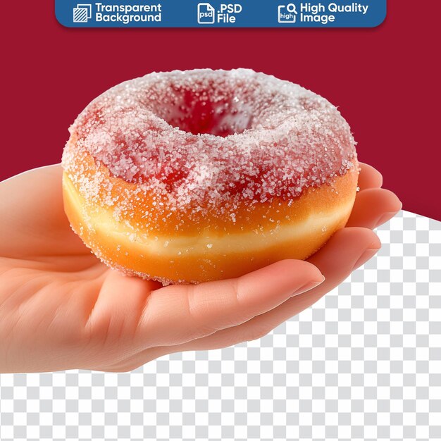 PSD delicioso donut de gelatina segurado pela mão de uma mulher em uma foto em close-up