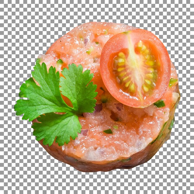 PSD delicioso y dulce tartar de salmón con rodaja de tomate sobre fondo transparente