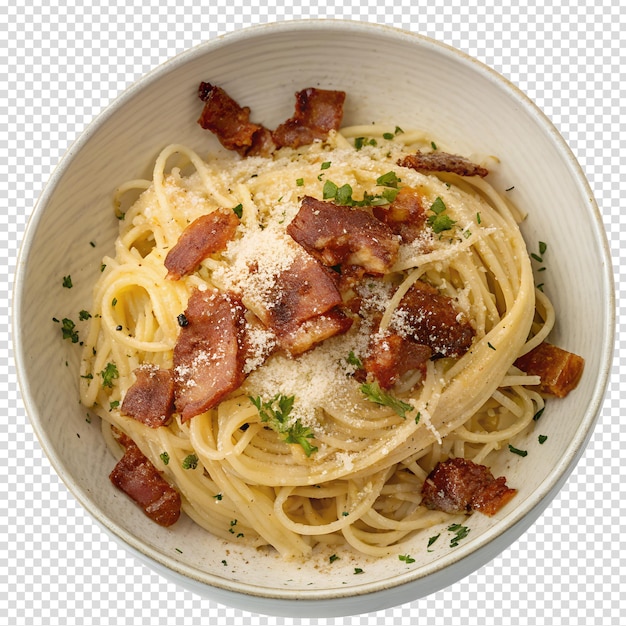 Delicioso espaguete carbonara com bacon crocante e queijo parmesão numa tigela