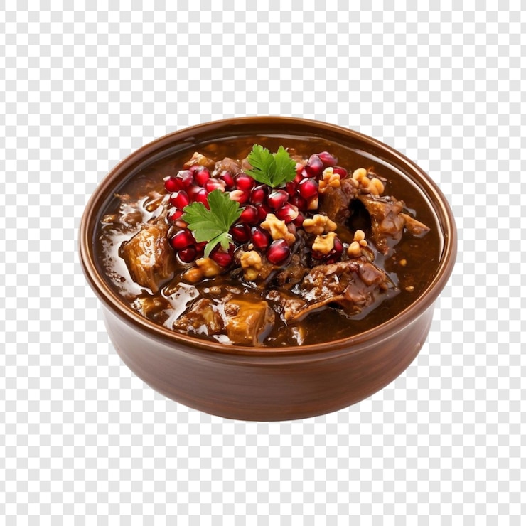 PSD delicioso estofado de pollo de granada en un ornamentado cuenco de bronce