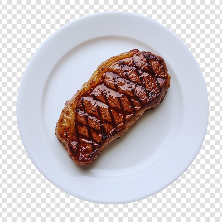 PSD un delicioso filete a la parrilla en un plato blanco muestra marcas de quemaduras perfectas con un fondo transparente