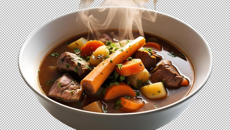 PSD delicioso guisado irlandês em fundo branco.