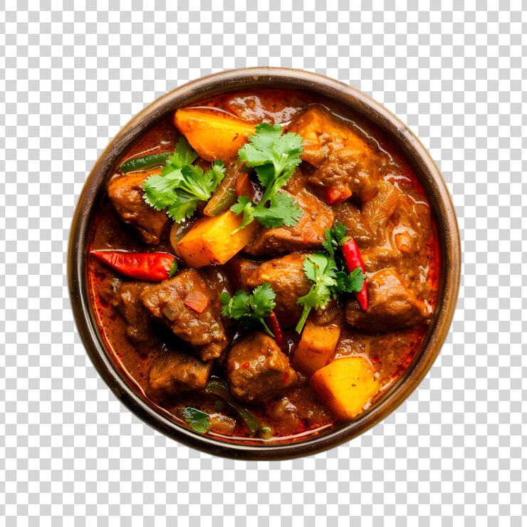PSD delicioso guiso picante de carne de res o curry de carne de cordero aislado sobre un fondo transparente