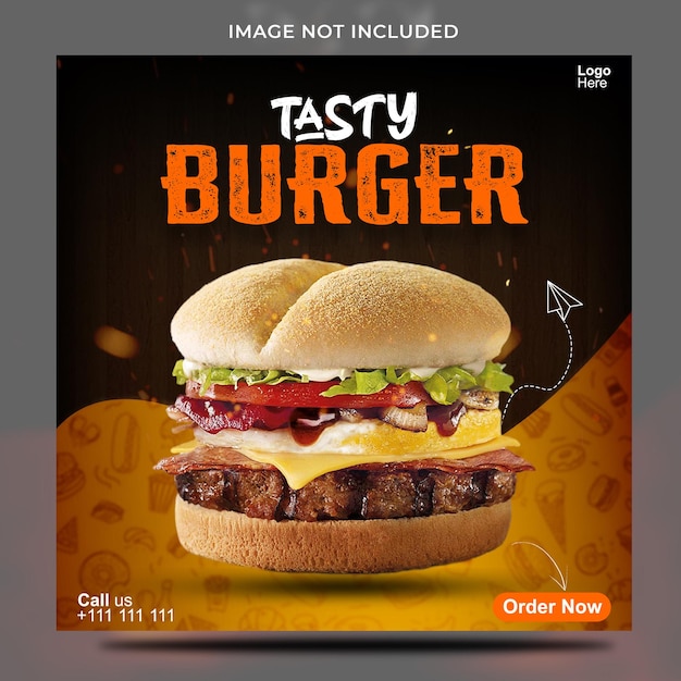 PSD delicioso hambúrguer e comida menu modelo de banner de mídia social