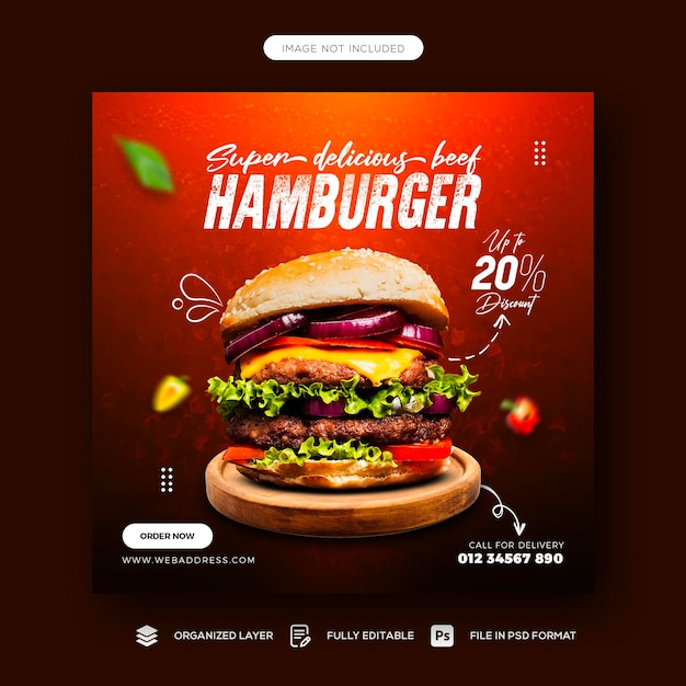 Delicioso hambúrguer e comida menu modelo de banner de mídia social