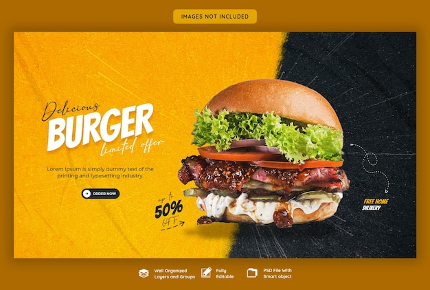 Delicioso hambúrguer e comida menu web banner modelo
