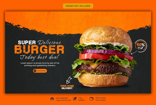 PSD delicioso hambúrguer e comida menu web banner modelo