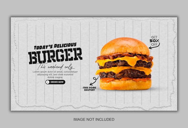 PSD delicioso hambúrguer e comida menu web banner modelo