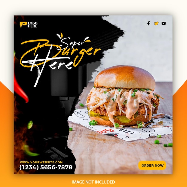 PSD delicioso hambúrguer e menu de comida design de postagem de mídia social com estilo de papel