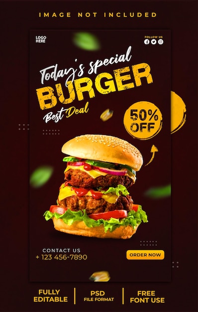 Delicioso hambúrguer e menu de comida instagram e postagem na história do facebook