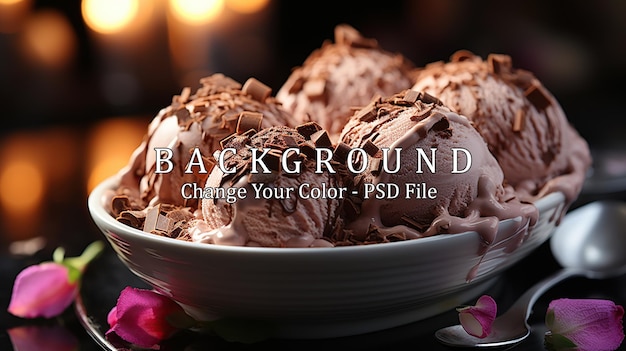 PSD delicioso helado con chocolate en un tazón en el primer plano de la mesa