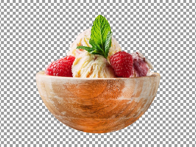 Delicioso helado de vainilla con frambuesa en un bol con fondo transparente