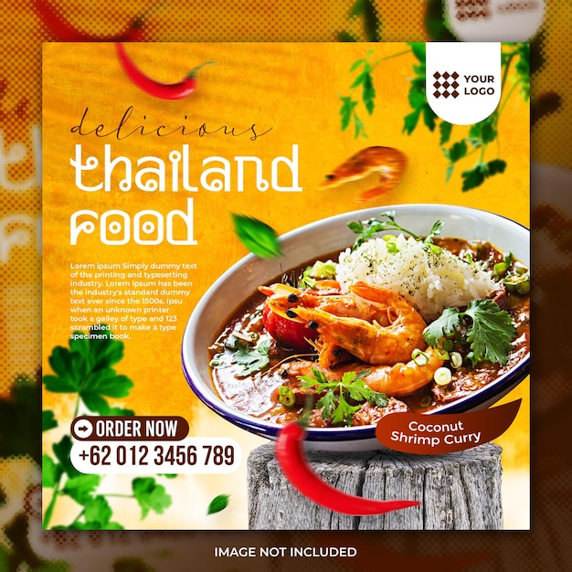 PSD delicioso menú de comida de tailandia publicación en redes sociales y plantilla de banner