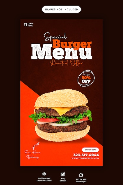 Delicioso menu de vendas de comida Instagram e modelo de história do Facebook