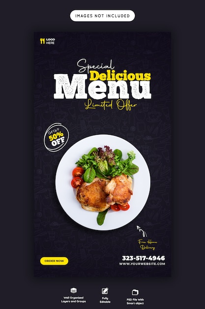 PSD delicioso menu de vendas de comida instagram e modelo de história do facebook